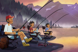 animated still from film: a man and two boys fishing in a lake